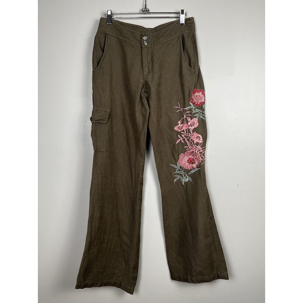 Green Dragon Linen Blend Baggy Pants Flower Embroidery‎ Cargo Y2K Streetwear